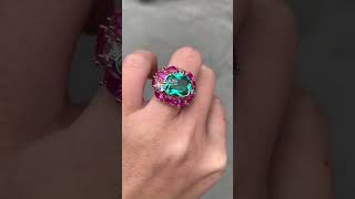 CushionCut Green Paraiba Tourmaline Ruby Cocktail Ring  Sayabling Jewelry [upl. by Hollenbeck]