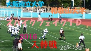 アメフト 2016 入替戦 2部 ⇔ 3部 『ｽﾊﾟｲｸﾌｪｲｸ ＴＤ 』 大阪府立大学白 vs 和歌山大学黒 関西学生リーグ 入替戦 2016年12月10日 [upl. by Ahcurb]