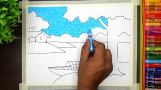 How to draw scenery of River side Village  Simple Village Scenery Drawing with oil pastel scenery [upl. by Annaul]