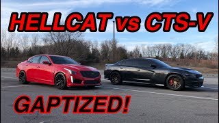 CHARGER HELLCAT DESTROYS 2019 CADILLAC CTS V ROLL RACE [upl. by Nnairet884]