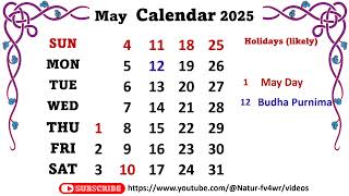 May Calendar 2025 maycalender2025 [upl. by Aicelf372]