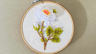 White Rose Ribbon Embroidery Tutorial [upl. by Treiber457]