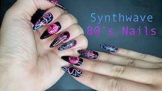 Synthwave Long Stiletto Nail Extensions 💜  Nail Art ASMR  80s Aesthetic [upl. by Airdnahs]