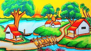 How to draw a beautiful village scenery  Indian village scenery drawing  Prakritik drishya drawing [upl. by Gish]