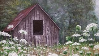 Rustic Barn in Wildflowers Landscape Acrylic Painting Tutorial LIVE [upl. by Glimp]