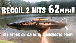 ProBoat Recoil 2 hits 62mph 😲 all stock on 4s with dasboata prop 🚀 [upl. by Nirihs]