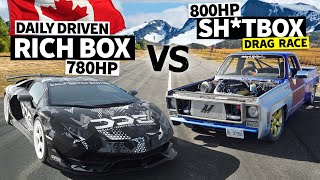 AllCanadian No Prep Drag Race Showdown DDE’s 780hp Lamborghini Aventador SVJ vs 800hp Chevy C10 [upl. by Ottinger]