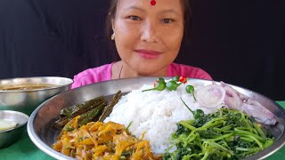 Eating black lentils with pork😋 spicy chalta chutney🌶️ spinach leaves fryBig bite mukbangasmr [upl. by Ennaitsirk]