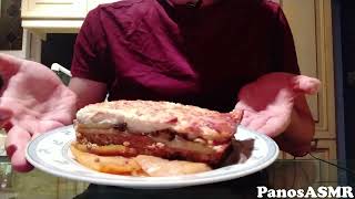 Eating Moussaka 3  Panos ASMR Greek Mukbang [upl. by Atrim]