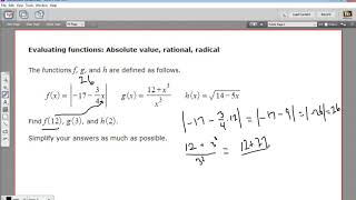 Evaluating functions  absolute value rational and radical [upl. by Donelson483]