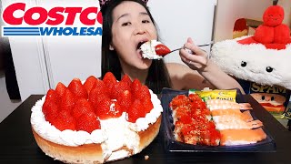 EATING CHEESECAKE amp SUSHI Costco Cheesecake Strawberries Sushi Rolls Salmon Nigiri  Mukbang Asmr [upl. by Sirrep]