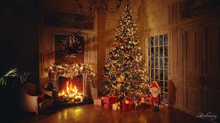 Christmas Ambience fireplace 4K 6 hour  Christmas tree warm roaring fireplace snowing no music [upl. by Florine66]