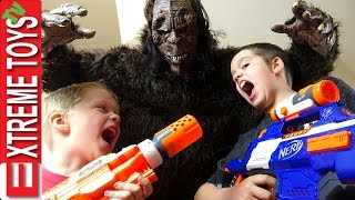 Wild Bigfoot Horror Sasquatch Monster Attacks Ethan and Cole With Nerf Blasters Fight the Beast [upl. by Blanding338]