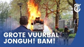 Exploderende vuilniswagen gefilmd in Amsterdam [upl. by Drawde]