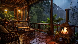 Rainy Tropical Forest Ambience  Soft Rain and Thunder with Fireplace At Cozy Porch  Sleep Relax [upl. by Giustina41]