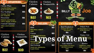 Different types of Menu [upl. by Alliuqahs]