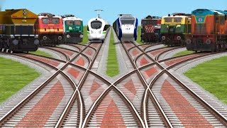 8 Trains Crossing At Diamond🔄Railroad Tracks  train game  train cartoon for kids railways [upl. by Danzig]