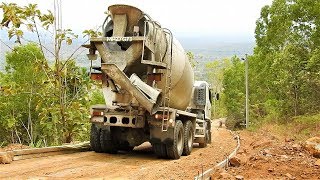 Hino 500 Ready Mix Cement Truck Delivering Pouring Concrete On Hill Road Construction [upl. by Nahshon]