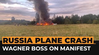 Plane of Russian Wagner boss Yevgeny Prigozhin crashes near Moscow  Al Jazeera Newsfeed [upl. by Viveca]