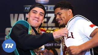 Oscar Valdez amp Shakur Stevenson Try to Grab Each Other Belts During Faceoff  Fight Sat Apr 30 ESPN [upl. by Panchito]