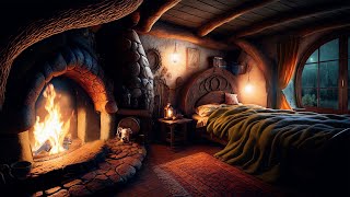 Cozy Hobbit Bedroom  Relaxing Fireplace with Soothing Rainfall Sounds  rain on roof  Deep Sleep [upl. by Pauly]