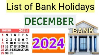 List of Bank holidays December 2024 December 2024 Bank Holidays In India [upl. by Boulanger]