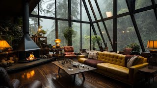 Soft Background Jazz Music with Gentle Rain Crackling Fireplace Sounds  Warm Living Room Ambience [upl. by Avram]