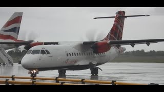 Loganair ATR 42500 taxiing out in the rain at Inverness [upl. by Nageam]