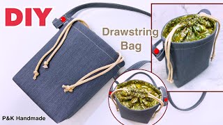 EASY DIY DRAWSTRING CROSSBODY BAG SEWING TUTORIAL  DENIM BAG MAKING IDEAS EASILY AT HOME [upl. by Nosnor]