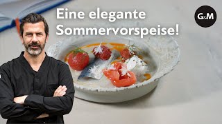 Rezept Sardine Tomaten amp Burrata von Andreas Caminada  GaultMillau Schweiz [upl. by Ydennek]