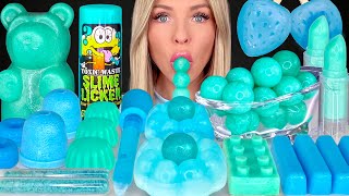 ASMR MUKBANG Teal Blue Dessert Edible Slime Blue Raspberry Drink Gummy Bear Strawberry Wax 먹방 [upl. by Nnybor]