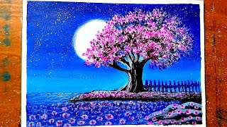 Acrylic Cherry Blossom Painting  Moonlight Step By Step Painting Tutorial  paintingforyou1963 [upl. by Haik382]