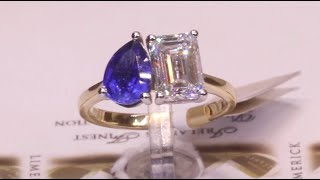 98012  S156ct202ct  Emerald Cut Diamond and Pear Sapphire Two Stone  18ct Yellow Gold [upl. by Senaj]