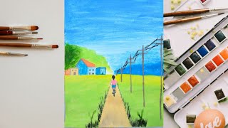 Landscape painting for beginners with watercolor drawwithzzzeee951 [upl. by Yauq725]