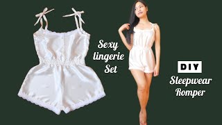 DIY Elegant Lace Sleepwear Romper Tutorial  How to Sew a Tie Shoulder Cami Playsuit Lingerie Set [upl. by Arlie]