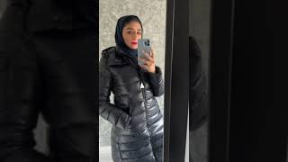 Moncler Moka long black shiny puffy hooded down jacket Girl in a winter shiny down jacket [upl. by Thomas477]