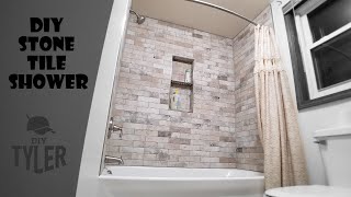 DIY Tile Shower Tub Insert to Stone Tile Wall Shower [upl. by Oiram]