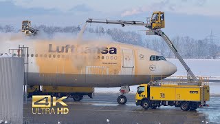 4K Deicing and departure Airbus A340642 from Lufthansa DAIHV at Munich Airport MUC EDDM [upl. by Willabella843]