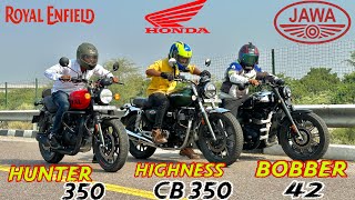 Jawa Bobber 42 vs RE Hunter 350 vs Honda Highness CB 350  Drag Race  TopEnd Test  Results 🔥 [upl. by Ynohtona]