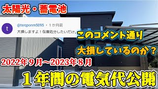 【太陽光・蓄電池】１年間の電気代と売電額を公開します。太陽光と蓄電池は大損するのか？得するのか？検証します。一条工務店 ソーラーパネル戸建て 蓄電池戸建て 新築 注文住宅 太陽光 [upl. by Aiehtela]