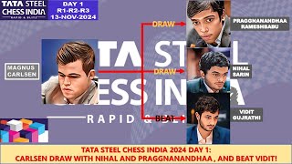 TATA STEEL CHESS INDIA 2024 DAY 1CARLSEN DRAW WITH NIHAL AND PRAGGNANANDHAA  AND BEAT VIDIT [upl. by Amihsat]