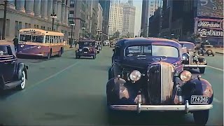 New York amp Chicago 1930s1940s in color Driving Downtown 60fps Remastered wsound design added [upl. by Gautea]