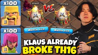 Klaus 200 BARCH vs ME in His FIRST EVER TH16 PRO MATCH Clash of Clans [upl. by Fiester321]