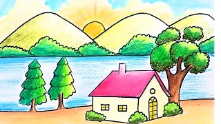 How To Draw Easy Scenery For Kids  Scenery for beginners Step By Step Scenery With Oil Pastel [upl. by Moersch]