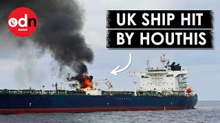 Britishlinked Tanker on Fire After Houthi Missile Attack [upl. by Meehyr]