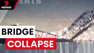 Catastrophic collision Cargo ship causes bridge collapse  7 News Australia [upl. by Melloney]