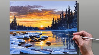 How to Paint Winter Sunset Landscape  Acrylic Painting  Correa Art [upl. by Ettezel]