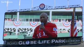 Texas Rangers 3B Coach Tony Beasley delivers inspiring rendition of National Anthem on Opening Day [upl. by Arytahs85]