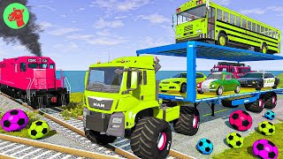 Double Flatbed Trailer Truck vs Speedbumps Train vs Cars  Tractor vs Train BeamngDrive [upl. by Vlad]